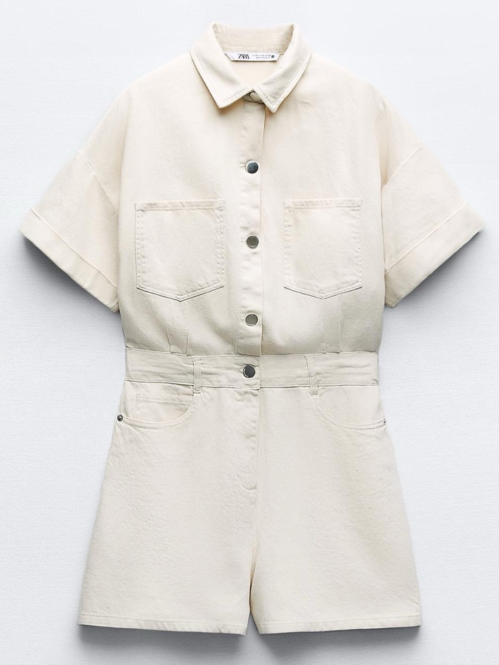 Like New Z1975 Zara Cream Short-Sleeve Button Front Denim Jumpsuit